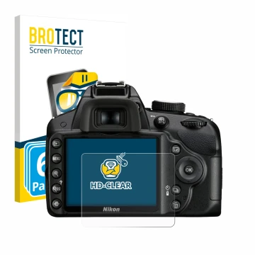 Parte frontale di una confezione del prodotto con il logo del marchio BROTECT. Accanto è raffigurato il dispositivo Nikon D320