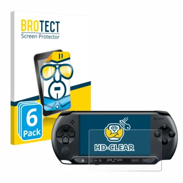 Parte frontale di una confezione del prodotto con il logo del marchio BROTECT. Accanto è raffigurato il dispositivo Sony PSP 1