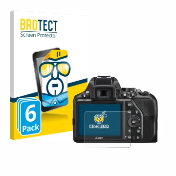 Parte frontale di una confezione del prodotto con il logo del marchio BROTECT. Accanto è raffigurato il dispositivo Nikon D350