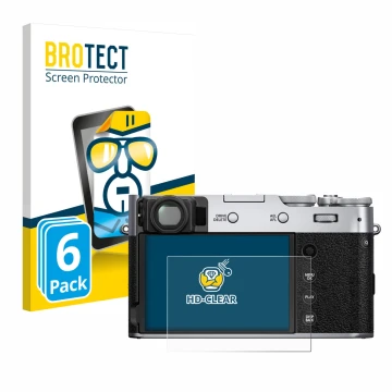 Parte frontale di una confezione del prodotto con il logo del marchio BROTECT. Accanto è raffigurato il dispositivo Fujifilm X