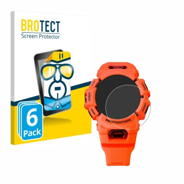 Parte frontale di una confezione del prodotto con il logo del marchio BROTECT. Accanto è raffigurato il dispositivo Casio G-Sh