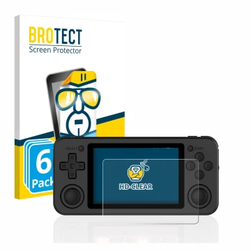 Parte frontale di una confezione del prodotto con il logo del marchio BROTECT. Accanto è raffigurato il dispositivo Anbernic R