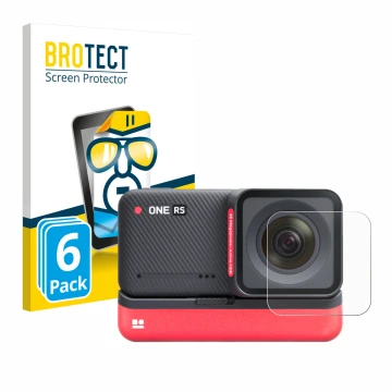 Parte frontale di una confezione del prodotto con il logo del marchio BROTECT. Accanto è raffigurato il dispositivo Insta360 O