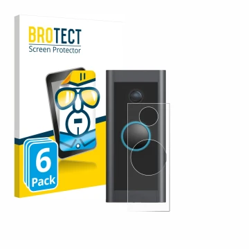 Parte frontale di una confezione del prodotto con il logo del marchio BROTECT. Accanto è raffigurato il dispositivo Ring Video