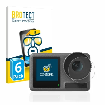 Parte frontale di una confezione del prodotto con il logo del marchio BROTECT. Accanto è raffigurato il dispositivo DJI Osmo A