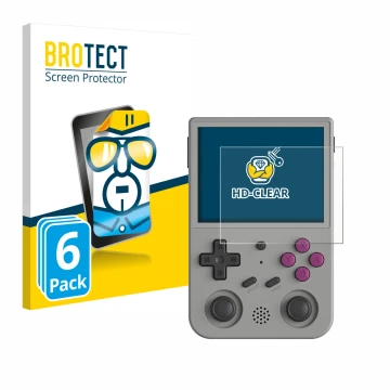 Parte frontale di una confezione del prodotto con il logo del marchio BROTECT. Accanto è raffigurato il dispositivo Anbernic R