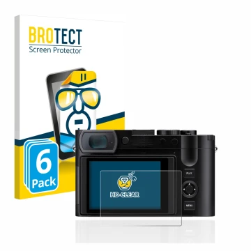 Parte frontale di una confezione del prodotto con il logo del marchio BROTECT. Accanto è raffigurato il dispositivo Leica Q3 c