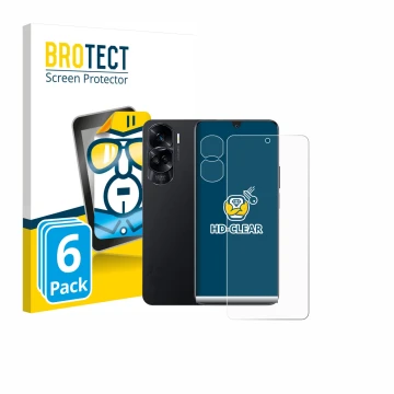 Parte frontale di una confezione del prodotto con il logo del marchio BROTECT. Accanto è raffigurato il dispositivo Honor 90 L