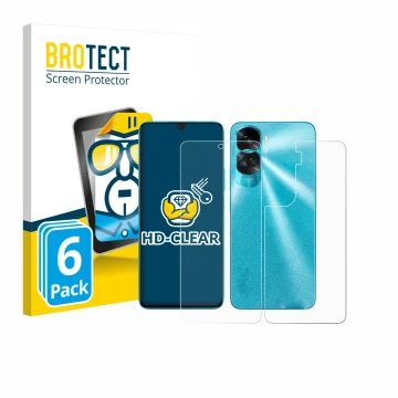 Parte frontale di una confezione del prodotto con il logo del marchio BROTECT. Accanto è raffigurato il dispositivo Honor 90 L