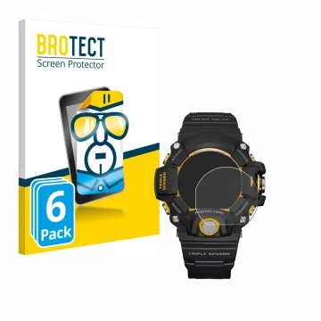 Parte frontale di una confezione del prodotto con il logo del marchio BROTECT. Accanto è raffigurato il dispositivo Casio G-Sh