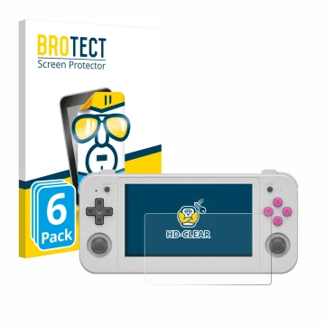 Parte frontale di una confezione del prodotto con il logo del marchio BROTECT. Accanto è raffigurato il dispositivo Anbernic R