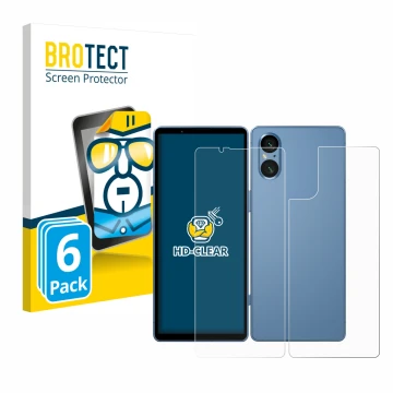 Parte frontale di una confezione del prodotto con il logo del marchio BROTECT. Accanto è raffigurato il dispositivo Sony Xperi