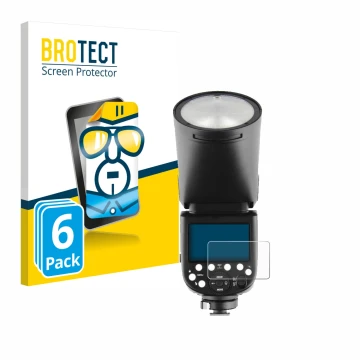 Parte frontale di una confezione del prodotto con il logo del marchio BROTECT. Accanto è raffigurato il dispositivo Godox V1 c