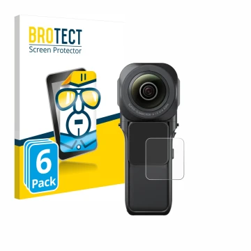 Parte frontale di una confezione del prodotto con il logo del marchio BROTECT. Accanto è raffigurato il dispositivo Insta360 O