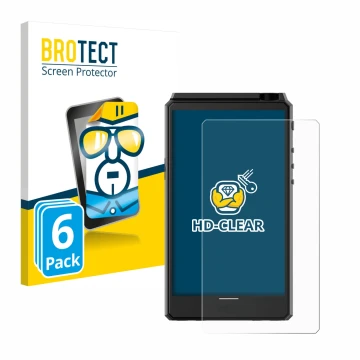 Parte frontale di una confezione del prodotto con il logo del marchio BROTECT. Accanto è raffigurato il dispositivo Hiby R6 II