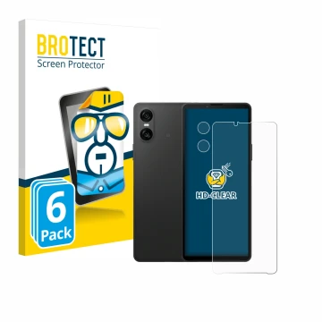 Parte frontale di una confezione del prodotto con il logo del marchio BROTECT. Accanto è raffigurato il dispositivo Sony Xperi