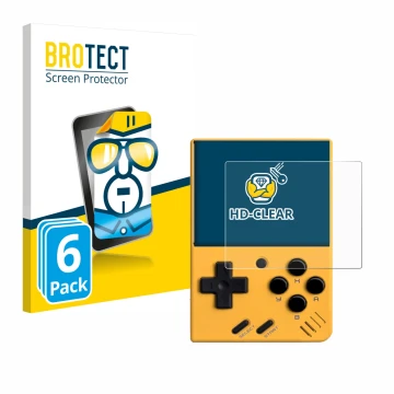 Parte frontale di una confezione del prodotto con il logo del marchio BROTECT. Accanto è raffigurato il dispositivo Miyoo Mini