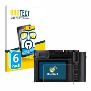 Parte frontale di una confezione del prodotto con il logo del marchio BROTECT. Accanto è raffigurato il dispositivo Leica Q3 4