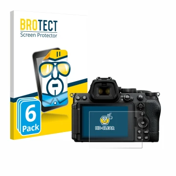 Parte frontale di una confezione del prodotto con il logo del marchio BROTECT. Accanto è raffigurato il dispositivo Nikon Z5 I