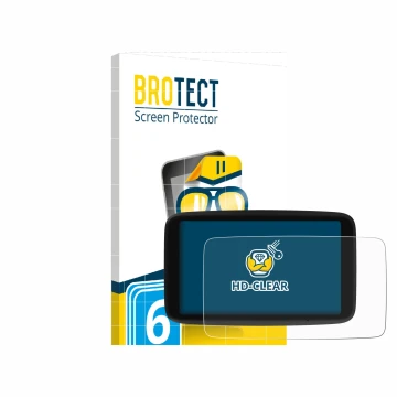 Parte frontale di una confezione del prodotto con il logo del marchio BROTECT. Accanto è raffigurato il dispositivo TomTom Go 