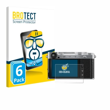 Parte frontale di una confezione del prodotto con il logo del marchio BROTECT. Accanto è raffigurato il dispositivo Fujifilm X