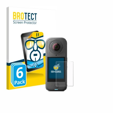 Parte frontale di una confezione del prodotto con il logo del marchio BROTECT. Accanto è raffigurato il dispositivo Insta360 X
