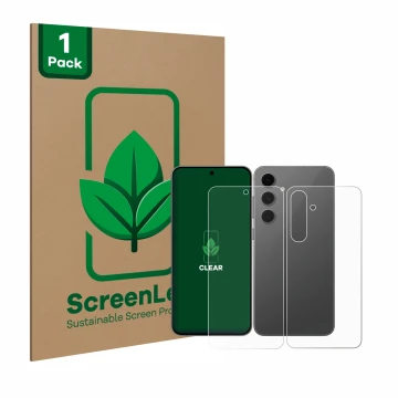 Parte frontale di una confezione del prodotto con il logo del marchio ScreenLeaf. Accanto è raffigurato il dispositivo Samsung