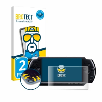 Parte frontale di una confezione del prodotto con il logo del marchio BROTECT. Accanto è raffigurato il dispositivo Sony PSP 3