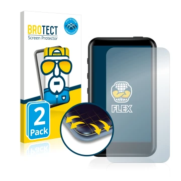 Parte frontale di una confezione del prodotto con il logo del marchio BROTECT. Accanto è raffigurato il dispositivo FiiO M6 co