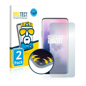 Parte frontale di una confezione del prodotto con il logo del marchio BROTECT. Accanto è raffigurato il dispositivo OnePlus 7 