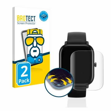 Parte frontale di una confezione del prodotto con il logo del marchio BROTECT. Accanto è raffigurato il dispositivo Huami Amaz