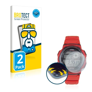 Parte frontale di una confezione del prodotto con il logo del marchio BROTECT. Accanto è raffigurato il dispositivo Casio AE-1