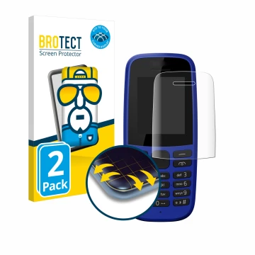 Parte frontale di una confezione del prodotto con il logo del marchio BROTECT. Accanto è raffigurato il dispositivo Nokia 105 