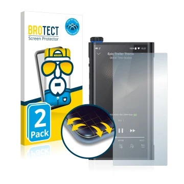 Parte frontale di una confezione del prodotto con il logo del marchio BROTECT. Accanto è raffigurato il dispositivo FiiO M15 c