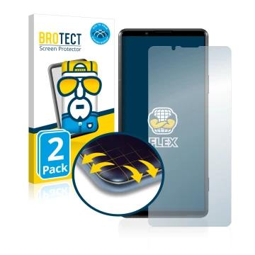 Parte frontale di una confezione del prodotto con il logo del marchio BROTECT. Accanto è raffigurato il dispositivo Sony Xperi