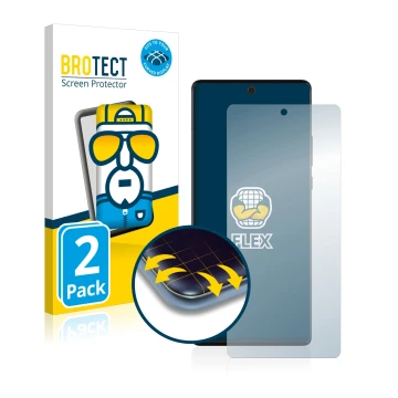 Parte frontale di una confezione del prodotto con il logo del marchio BROTECT. Accanto è raffigurato il dispositivo Motorola E