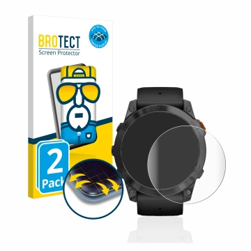 Parte frontale di una confezione del prodotto con il logo del marchio BROTECT. Accanto è raffigurato il dispositivo Garmin Fen