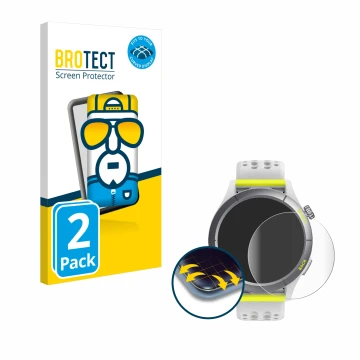 Parte frontale di una confezione del prodotto con il logo del marchio BROTECT. Accanto è raffigurato il dispositivo Huami Amaz