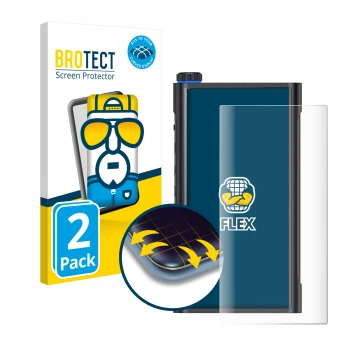 Parte frontale di una confezione del prodotto con il logo del marchio BROTECT. Accanto è raffigurato il dispositivo FiiO M15s 