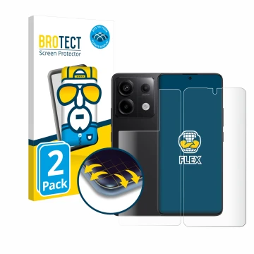 Parte frontale di una confezione del prodotto con il logo del marchio BROTECT. Accanto è raffigurato il dispositivo Xiaomi Red