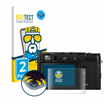 Parte frontale di una confezione del prodotto con il logo del marchio BROTECT. Accanto è raffigurato il dispositivo Fujifilm X