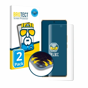 Parte frontale di una confezione del prodotto con il logo del marchio BROTECT. Accanto è raffigurato il dispositivo Infinix No