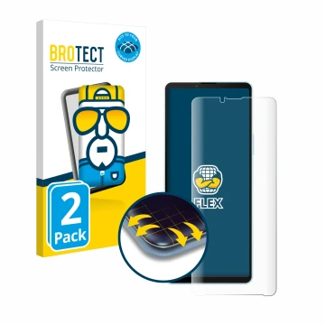 Parte frontale di una confezione del prodotto con il logo del marchio BROTECT. Accanto è raffigurato il dispositivo Sony Xperi