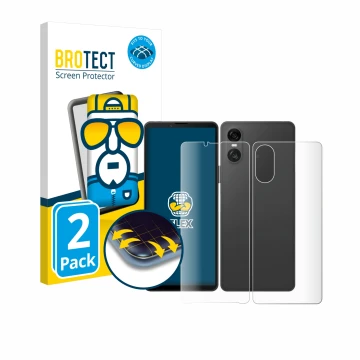 Parte frontale di una confezione del prodotto con il logo del marchio BROTECT. Accanto è raffigurato il dispositivo Sony Xperi