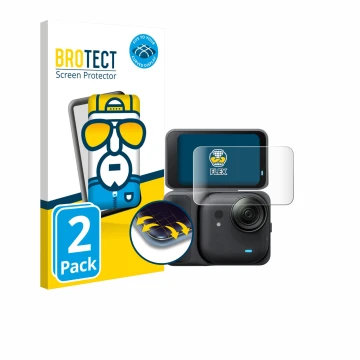 Parte frontale di una confezione del prodotto con il logo del marchio BROTECT. Accanto è raffigurato il dispositivo Insta360 G