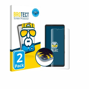 Parte frontale di una confezione del prodotto con il logo del marchio BROTECT. Accanto è raffigurato il dispositivo Sony Xperi