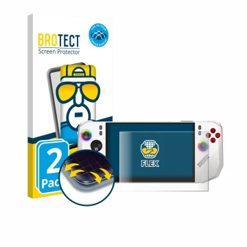 Parte frontale di una confezione del prodotto con il logo del marchio BROTECT. Accanto è raffigurato il dispositivo MSI Claw A