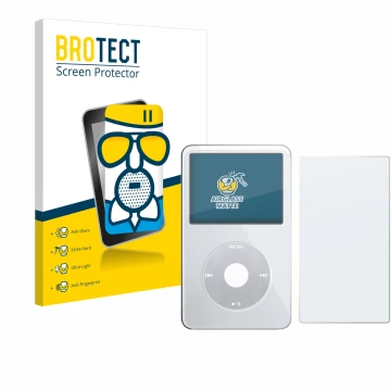 Parte frontale di una confezione del prodotto con il logo del marchio BROTECT. Accanto è raffigurato il dispositivo Apple iPod