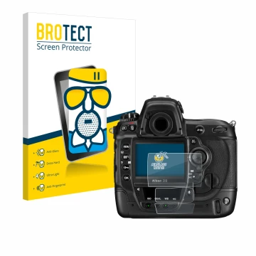 Parte frontale di una confezione del prodotto con il logo del marchio BROTECT. Accanto è raffigurato il dispositivo Nikon D3 c
