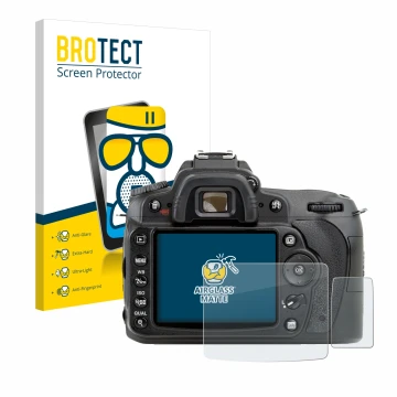 Parte frontale di una confezione del prodotto con il logo del marchio BROTECT. Accanto è raffigurato il dispositivo Nikon D90 